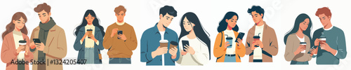 Vector of Woman and man holding coffee while looking at mobile phone