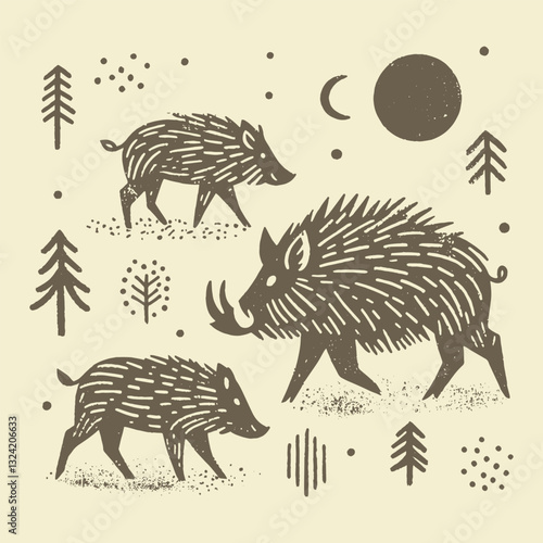 Minimalistic hand-drawn wild boars in forest