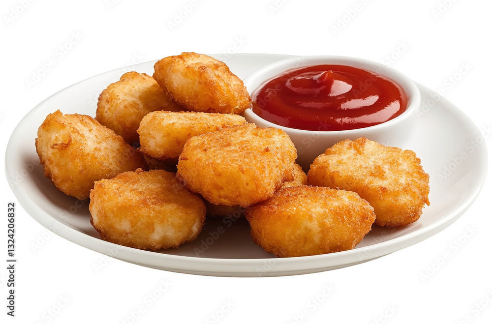 Close-up of quickly prepared chicken nuggets Dipping a chicken nugget in ketchup Close-up of quickly prepared chicken nuggets Dipping a chicken nugget in ketchup
