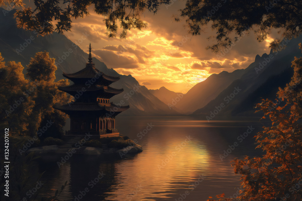 Golden sunset illuminating a pagoda standing on a small island on a calm lake surrounded by mountains Golden sunset illuminating a pagoda standing on a small island on a calm lake surrounded by mountains