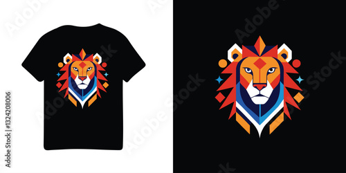 A striking geometric lion illustration printed on a black T-shirt, featuring vibrant colors and a bold artistic style.