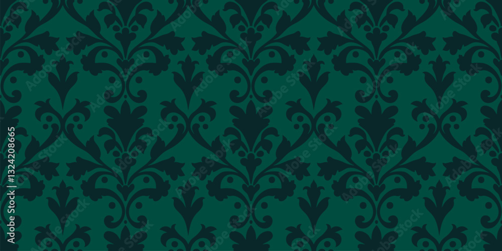 Luxury baroque seamless pattern. Abstract floral geometric ornament with curly elements, foliage, leaves. Vector background in rococo, revival, renaissance, damask style. Repeated gark green design Luxury baroque seamless pattern. Abstract floral geometric ornament with curly elements, foliage, leaves. Vector background in rococo, revival, renaissance, damask style. Repeated gark green design