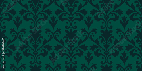 Luxury baroque seamless pattern. Abstract floral geometric ornament with curly elements, foliage, leaves. Vector background in rococo, revival, renaissance, damask style. Repeated gark green design