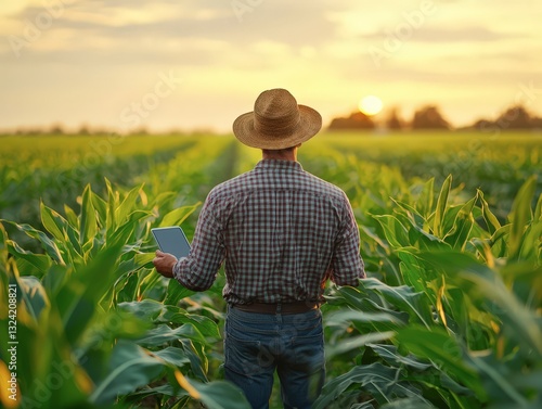 Farmer man in corn field works with computer, Business Farm. Agriculture concept