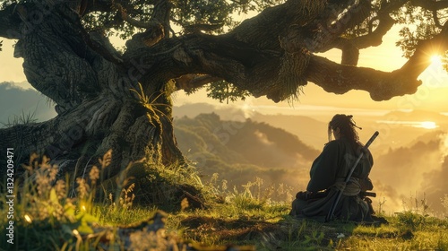 Serene warrior meditating under a sprawling tree at sunset, overlooking a misty landscape
