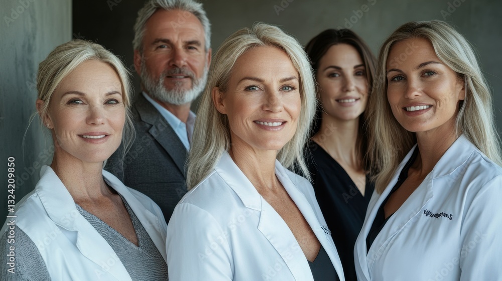 Group of caucasian adults in business attire and medical lab coats smiling indoors Group of caucasian adults in business attire and medical lab coats smiling indoors