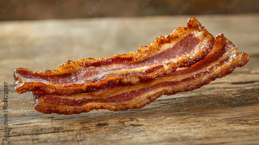 Crispy bacon slices on wooden surface, showcasing texture and color Crispy bacon slices on wooden surface, showcasing texture and color