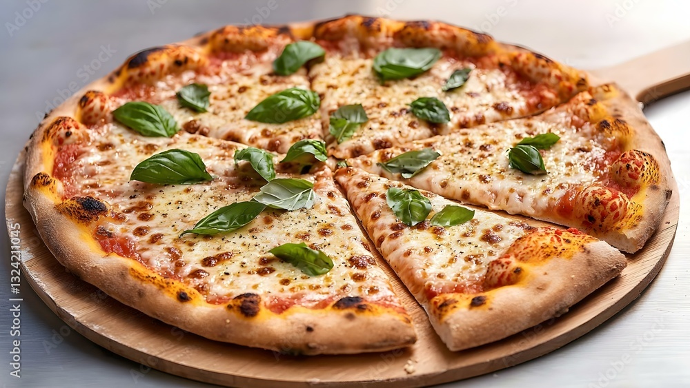 A freshly baked pizza topped with melted cheese and fresh basil leaves, sliced into equal portions. Concept Pizza Presentation, Tasty Cheese Meltdown, Fresh Basil Garnish, Sliced Perfection A freshly baked pizza topped with melted cheese and fresh basil leaves, sliced into equal portions. Concept Pizza Presentation, Tasty Cheese Meltdown, Fresh Basil Garnish, Sliced Perfection