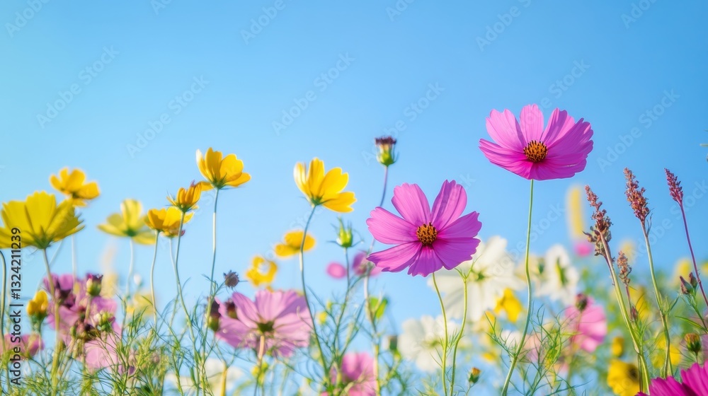 Wildflower hues against blue sky evoke peace and serenity Wildflower hues against blue sky evoke peace and serenity