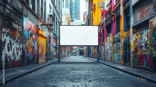 In the heart of a bustling metropolis, a colorful alleyway adorned with graffiti boasts a blank billboard, symbolizing innovative advertising possibilities in unexpected city settings