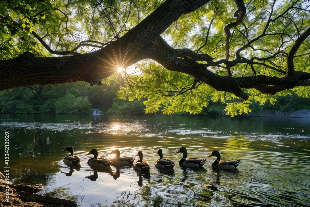 Fototapeta premium Ducks swimming peacefully in a serene lake surrounded by lush greenery at sunset