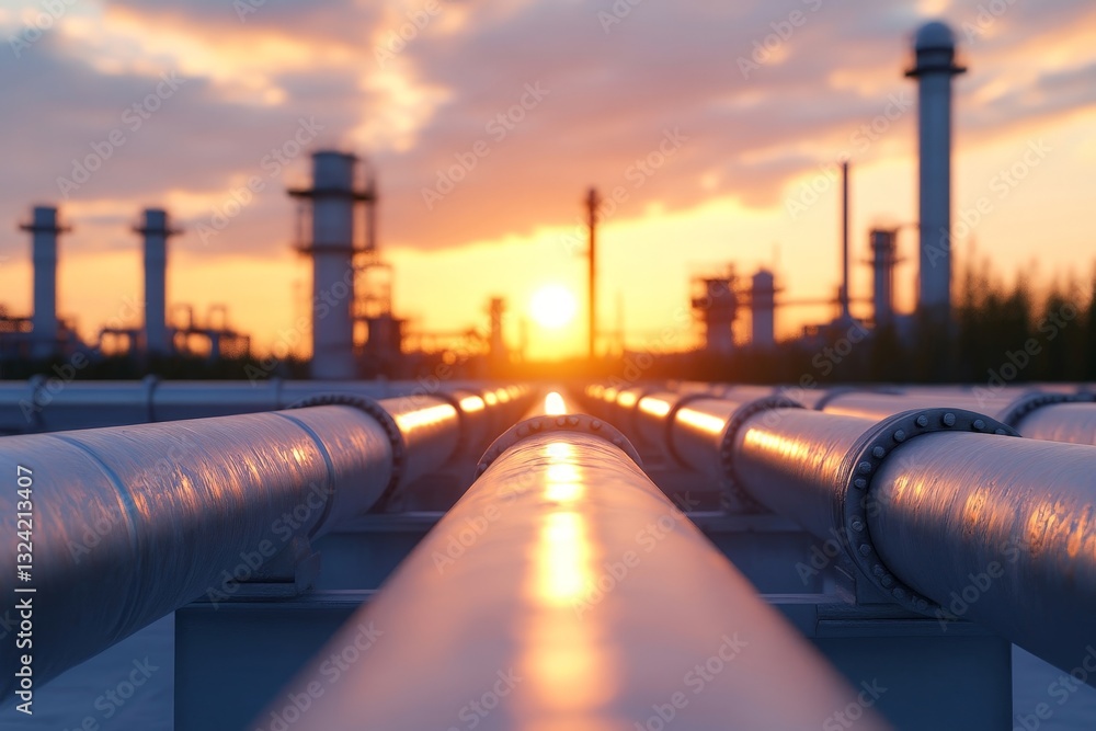 Industrial Pipes Leading to a Sunset Over Energy Facilities in a Rural Landscape Industrial Pipes Leading to a Sunset Over Energy Facilities in a Rural Landscape