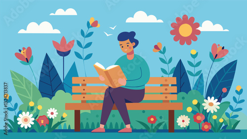 An old wooden bench in a quaint garden surrounded by fragrant flowers and a person lost in the pages of a book.. Vector illustration