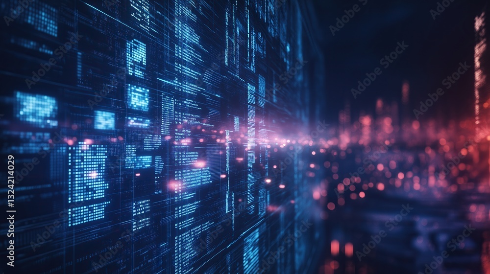 Fototapeta premium Digital Data Technology Background with Glowing Binary Code and Cyberpunk Cityscape, Creating an Immersive Digital Environment for Online or Social Media 