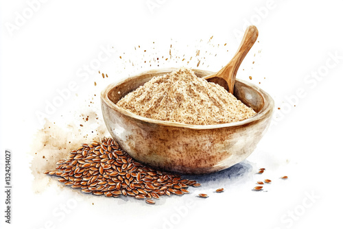 Wooden bowl of freshly ground flaxseed meal and seeds food diet flour spoon brown beige plant grain