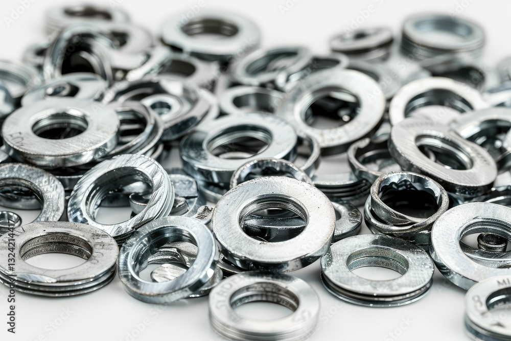 flawless picture of Variety of industrial galvanized steel washers on white background flawless picture of Variety of industrial galvanized steel washers on white background