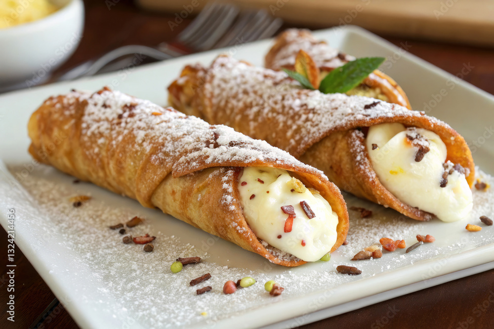 Delicious Dessert Cannoli with Cream Filling and Colorful Sprinkles on White Plate Delicious Dessert Cannoli with Cream Filling and Colorful Sprinkles on White Plate