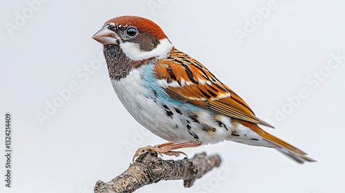 Sparrow perched on branch, studio shot