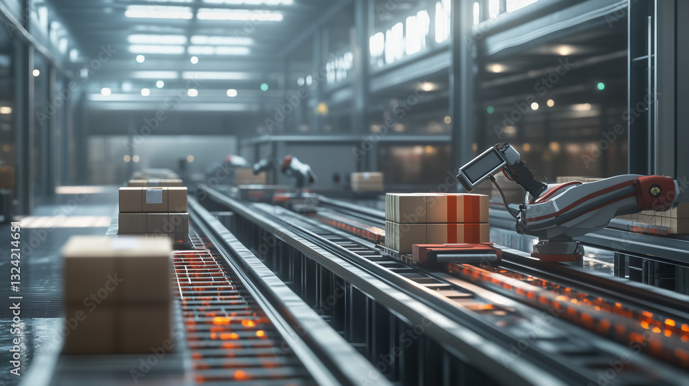 Fototapeta premium Modern Warehouse With Robotic Arms and Conveyor Belts Sorting Packages