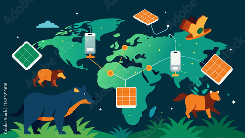 In remote regions satellite imagery and data from tags attached to animals are used to track deforestation and its effects on wildlife habitats.. Vector illustration