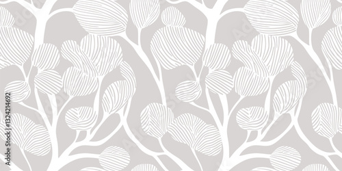 Subtle seamless pattern with tree silhouettes, branches, seaweeds. Vector abstract botanical ornament. Simple linear doodle style background. Minimal light gray and white texture. Repeating design
