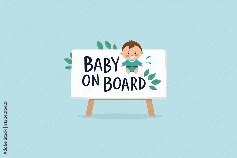 Cheerful Cartoon Illustration of a Cute Baby Boy Displaying a 'Baby on Board' Sign with Green Leaves on a Light Blue Background, Perfect for Nursery Decor or Baby Safety Awareness Cheerful Cartoon Illustration of a Cute Baby Boy Displaying a 'Baby on Board' Sign with Green Leaves on a Light Blue Background, Perfect for Nursery Decor or Baby Safety Awareness