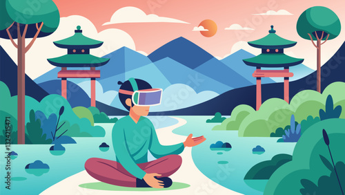 As the stresses of daily life mount someone puts on their VR gear and finds peace in a virtual Japanese garden following the path of a meandering stream and enjoying the sound of. Vector illustration
