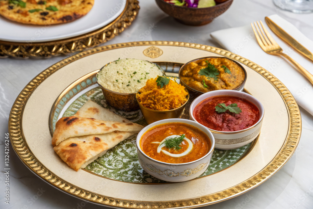 Colorful Indian Cuisine Platter with Dishes and Bread on Elegant Table Setting Colorful Indian Cuisine Platter with Dishes and Bread on Elegant Table Setting