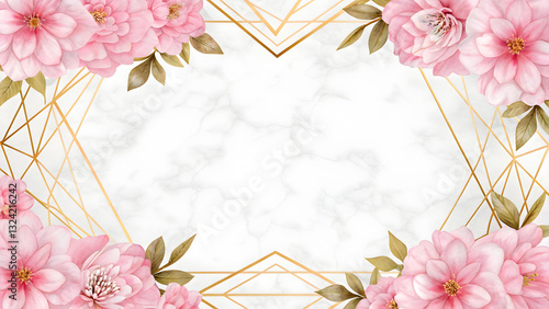 Delicate pink floral frame with gold geometric accents on marble background