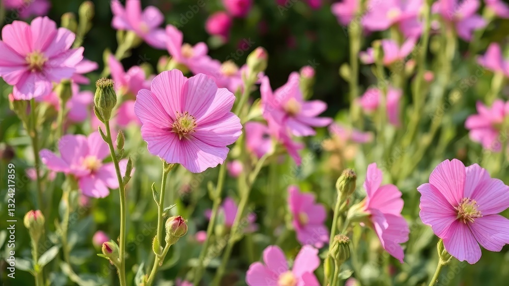 A bed of pink mallow flowers swaying in the wind, gardening, garden blooms A bed of pink mallow flowers swaying in the wind, gardening, garden blooms