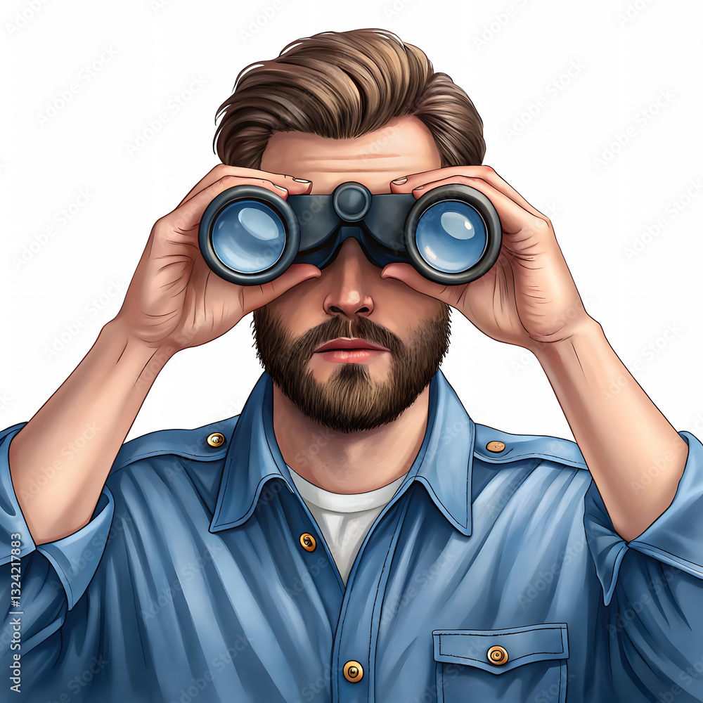 Realistic Digital Illustration of a Bearded Man Looking Through Binoculars – Perfect for Logos, Mascots, and T-Shirt Printing Realistic Digital Illustration of a Bearded Man Looking Through Binoculars – Perfect for Logos, Mascots, and T-Shirt Printing