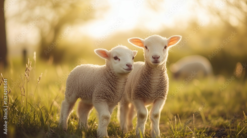 Obraz premium Two playful lambs standing together in a sunlit meadow.