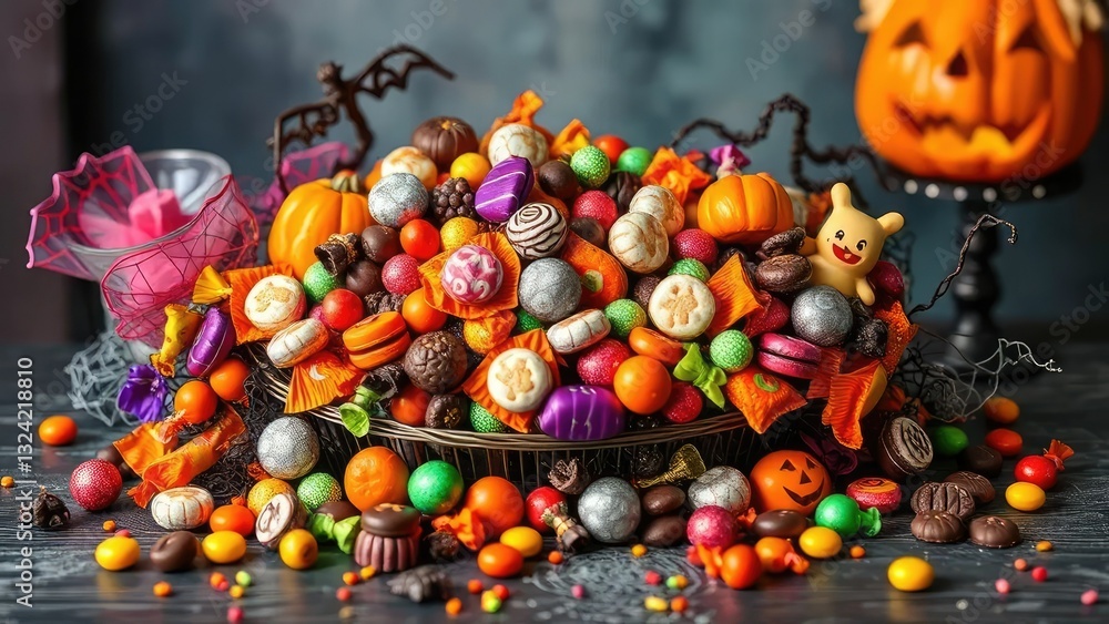 Fototapeta premium A colorful arrangement of Halloween candies and chocolates on a table, centerpiece, chocolate