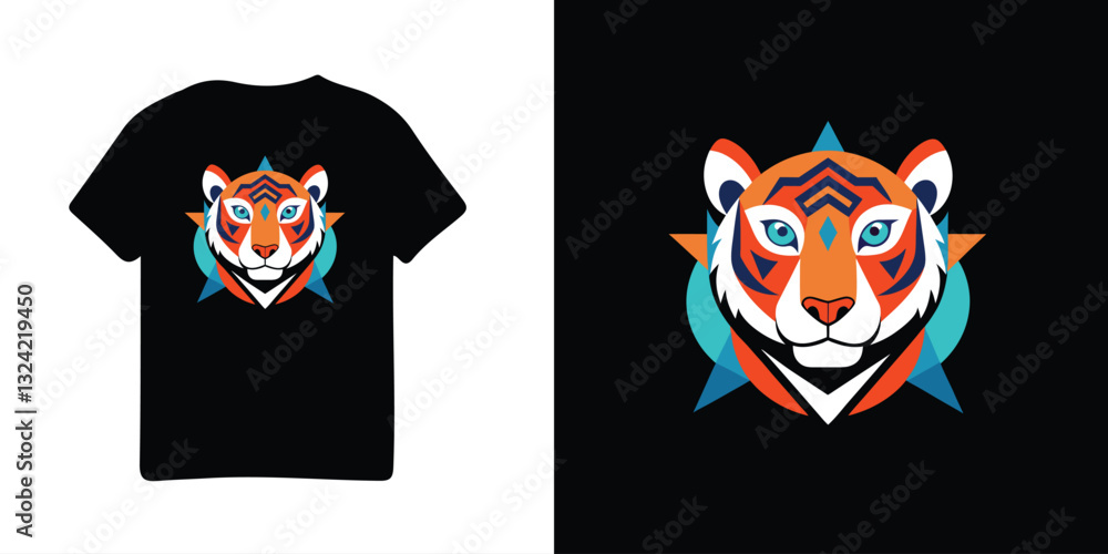 Eye-catching geometric tiger head design on a black t-shirt, featuring bold colors Eye-catching geometric tiger head design on a black t-shirt, featuring bold colors