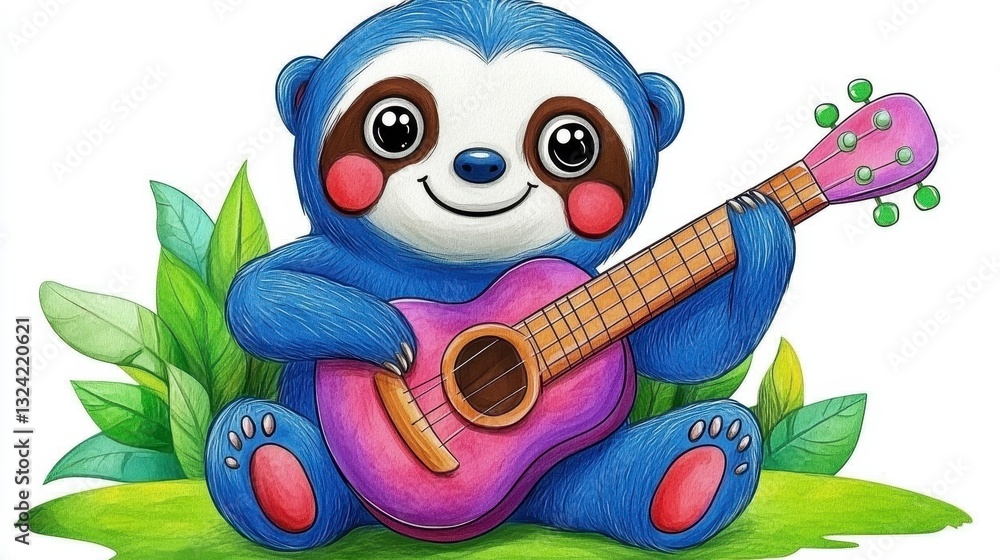 Fototapeta premium Cute Cartoon Sloth Playing Guitar Surrounded by Green Foliage