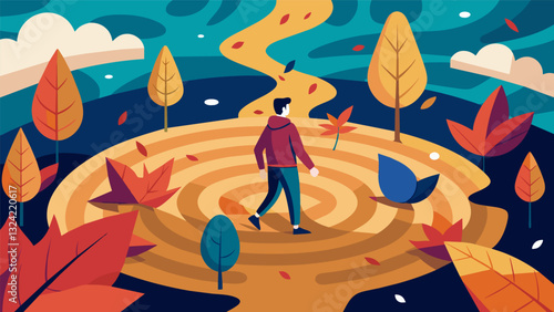 Against a backdrop of colorful fall leaves a person walks through a labyrinth with closed eyes letting the crunch of leaves under their feet guide their movements.. Vector illustration