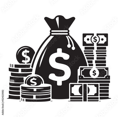 Money bag or stash of money flat icon silhouette vector icon on white background.