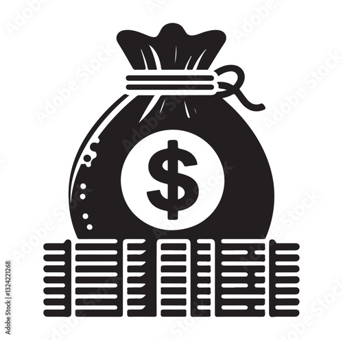 Money bag or stash of money flat icon silhouette vector icon on white background.