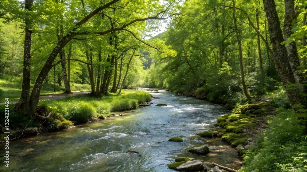 Fototapeta premium A serene river flows through a lush green forest, surrounded by vibrant trees and nature's tranquility