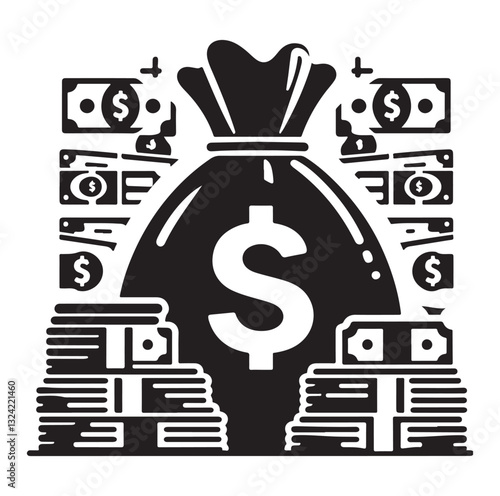 Money bag or stash of money flat icon silhouette vector icon on white background.