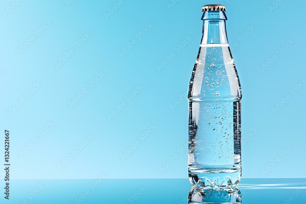 Clear glass bottle with sparkling water on blue background, refreshing drink with bubbles and condensation droplets, minimalist beverage photography. Clear glass bottle with sparkling water on blue background, refreshing drink with bubbles and condensation droplets, minimalist beverage photography.