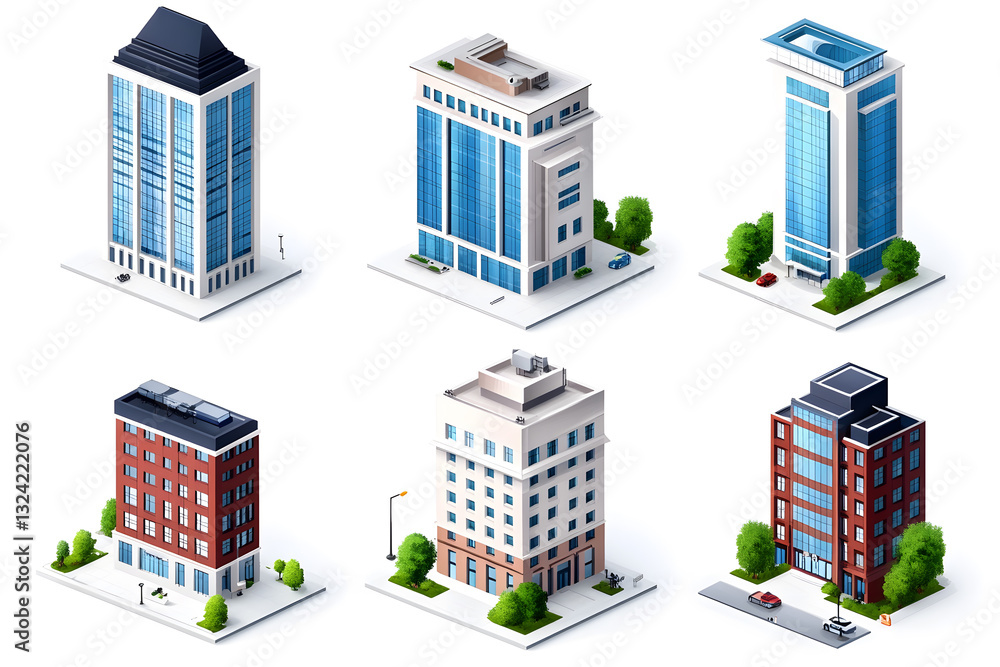 A detailed isometric set of modern city buildings, skyscrapers, isolated on white background A detailed isometric set of modern city buildings, skyscrapers, isolated on white background