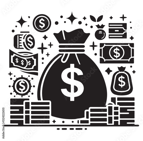 Money bag or stash of money flat icon silhouette vector icon on white background.