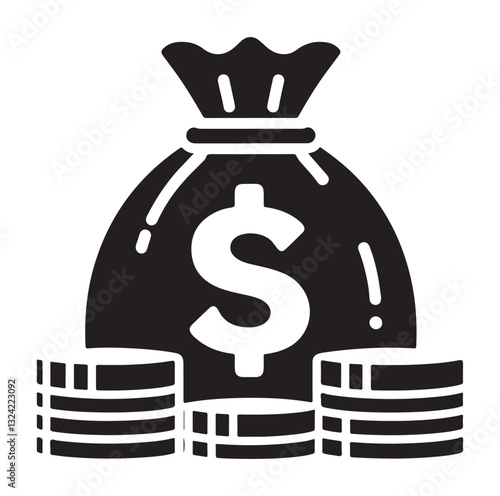 Money bag or stash of money flat icon silhouette vector icon on white background.