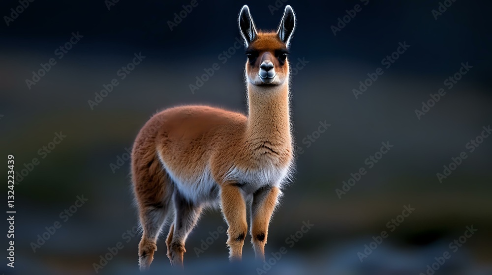 Fototapeta premium Majestic brown llama standing alert against dark moody background, soft fur illuminated by natural light, showing distinctive long neck and pointed ears.