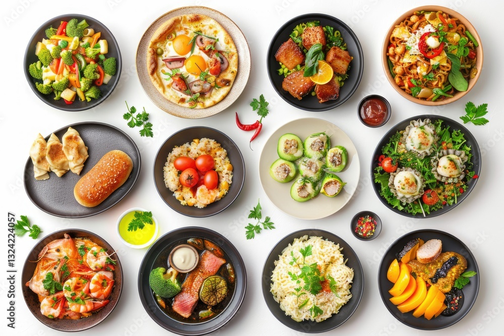 high definition picture of various plates of food isolated on white background, top view high definition picture of various plates of food isolated on white background, top view