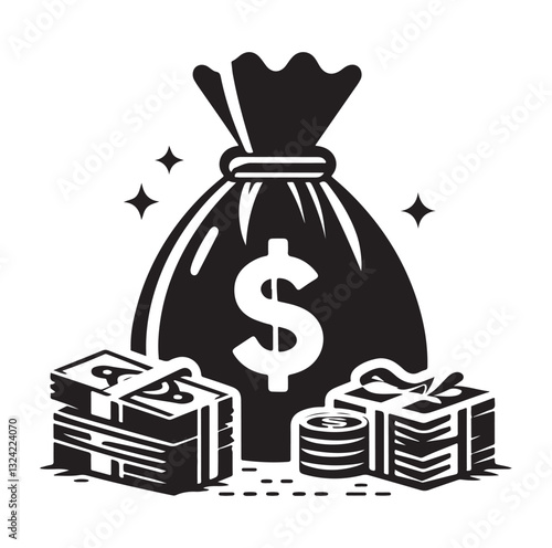 Money bag or stash of money flat icon silhouette vector icon on white background.