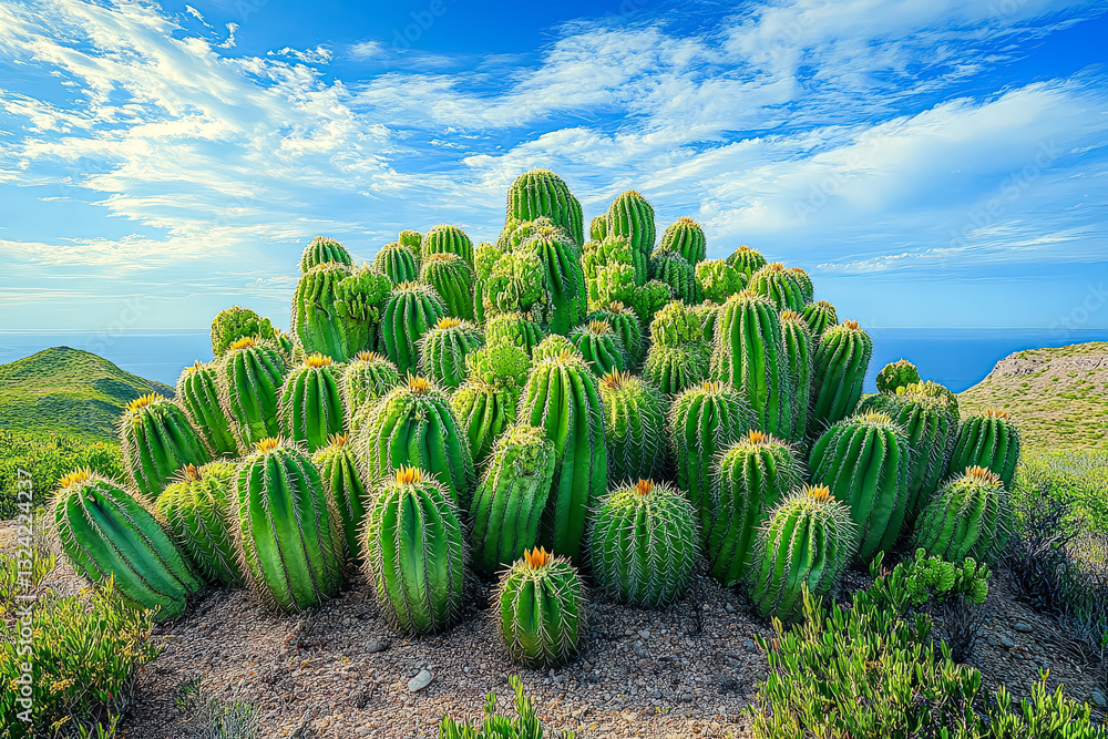 Large group of cacti are growing on a rocky hillside. The cacti are green and have yellow flowers. The scene is peaceful and serene, with the cacti providing a sense of calm and tranquility