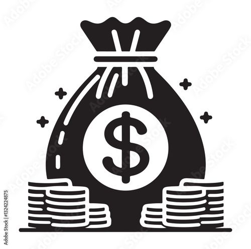 Money bag or stash of money flat icon silhouette vector icon on white background.