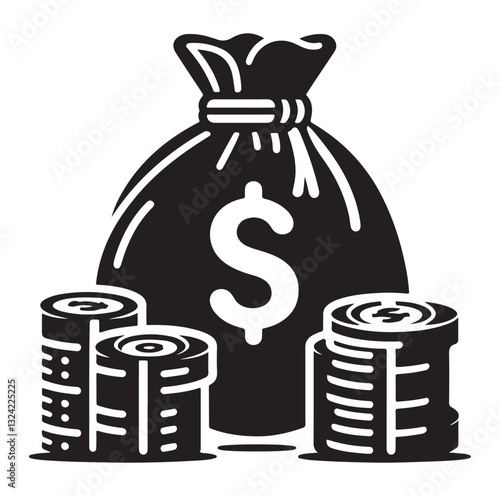Money bag or stash of money flat icon silhouette vector icon on white background.